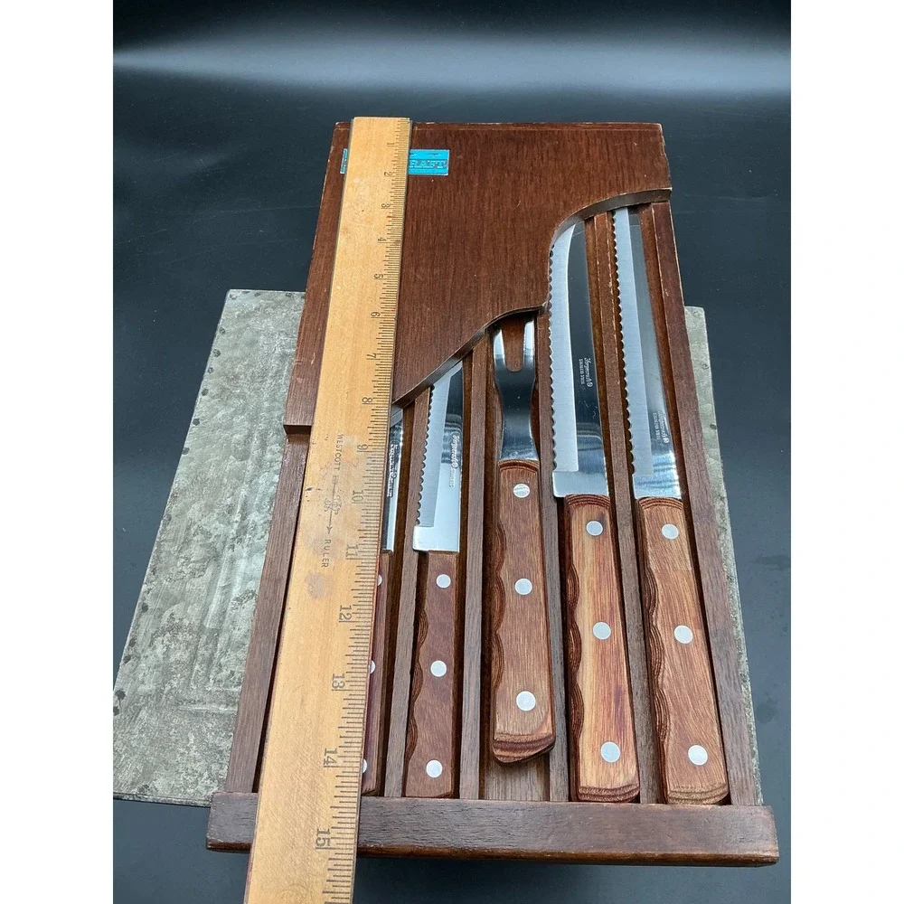 Vintage Forgecraft Washington Forge 5 Piece Knife Set with Wood Wall Block Japan